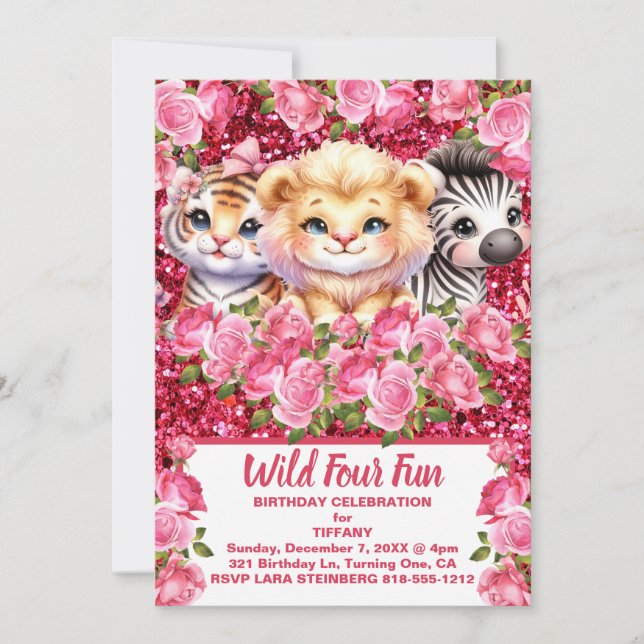 Pink Wild Four Fun 4 Years Old Girl Birthday Party Invitation (Front)