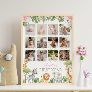 Pink Wild One Safari First Year Photo Milestone Poster