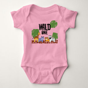 Pink WILD ONE Safari Jungle Theme First Birthday Baby Bodysuit