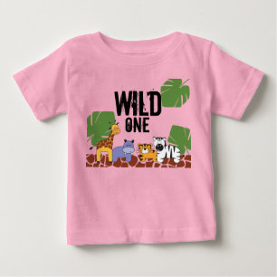 Pink "WILD ONE" Safari Jungle Theme First Birthday Baby T-Shirt