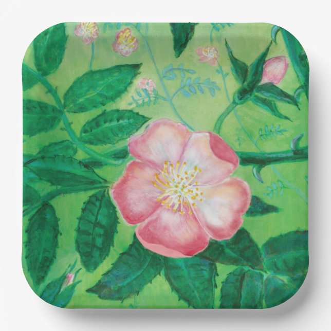 Pink Wild Rose Blooms Illustration  Paper Plate (Front)
