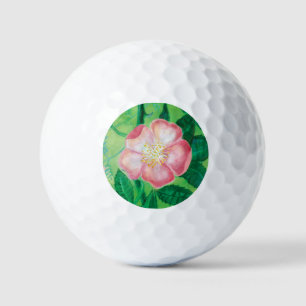 Pink Wild Rose Flowers & Green Leaves Illustration Golf Balls