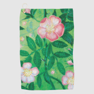 Pink Wild Rose Flowers & Green Leaves Illustration Golf Towel
