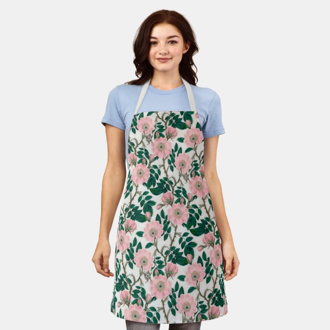 Pink Wild Rose Flowers & Green Leaves Pattern Apron (Worn)