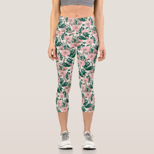 Pink Wild Rose Flowers & Green Leaves Pattern Capri Leggings