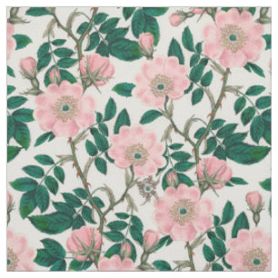 Pink Wild Rose Flowers & Green Leaves Pattern Fabric