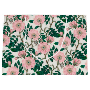 Pink Wild Rose Flowers & Green Leaves Pattern Large Gift Bag