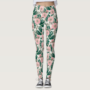 Pink Wild Rose Flowers & Green Leaves Pattern Leggings