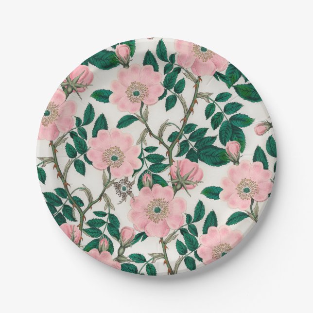 Pink Wild Rose Flowers & Green Leaves Pattern Paper Plate (Front)