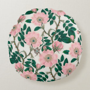 Pink Wild Rose Flowers & Green Leaves Pattern Round Pillow