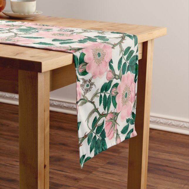 Pink Wild Rose Flowers & Green Leaves Pattern Short Table Runner (In Situ)