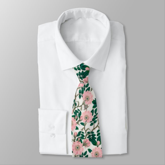 Pink Wild Rose Flowers & Green Leaves Pattern Tie (Tied)