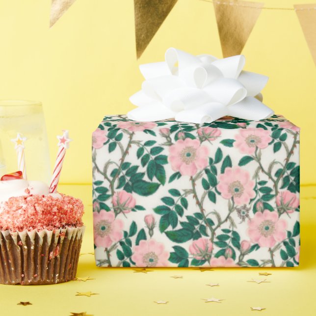 Pink Wild Rose Flowers & Green Leaves Pattern Wrapping Paper (Birthday Party)