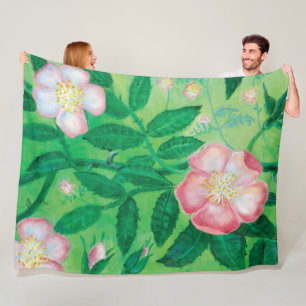 Pink Wild Rose Illustration Fleece Blanket
