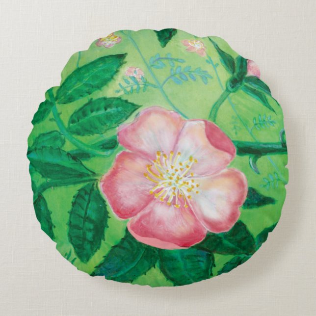 Pink Wild Rose Illustration  Round Pillow (Front)