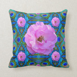 PINK WILD ROSES ON BLUE GEOMETRIC ART THROW PILLOW