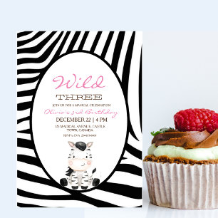 Pink Wild Three Zebra 3rd Birthday Party Invitation