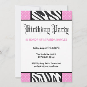 Pink Wild Time Zebra Birthday Party Invitation