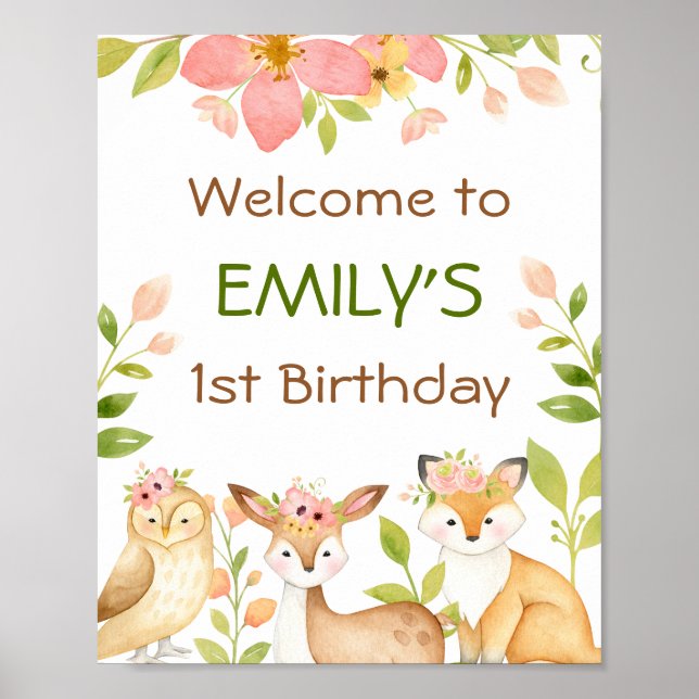 Pink Wild Woodland Animals 1st Birthday Poster (Front)