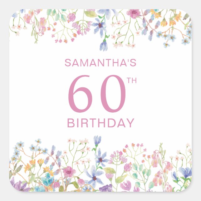  Pink Wildflower 60th Birthday  Square Sticker (Front)