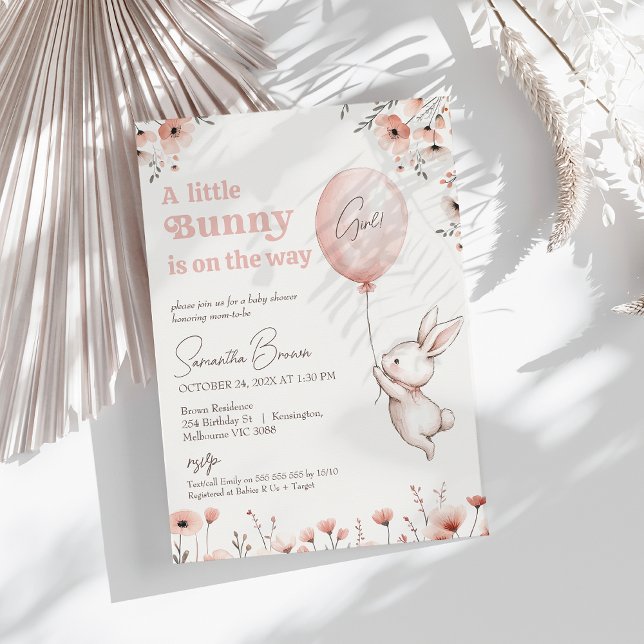 Pink Wildflower Balloon Little Bunny Baby Shower  Invitation (Girls Little Bunny Baby Shower Invitation Dusty Pink Wild Flowers Bunny Balloon,  Rabbit Baby Shower)