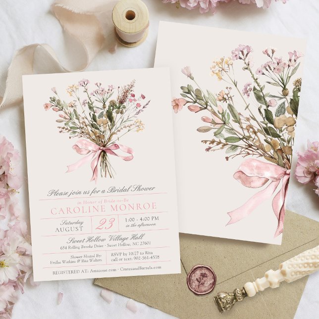 Pink Wildflower Bouquet Bow Floral Bridal Shower Invitation (Elegant pink watercolor wildflower floral bouquet and bow vintage botanical bridal shower invitation)