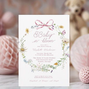 Pink Wildflower Bow Baby In Bloom Baby Shower Invitation