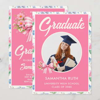 Pink Wildflower Bow Photo Graduation Party Invitation