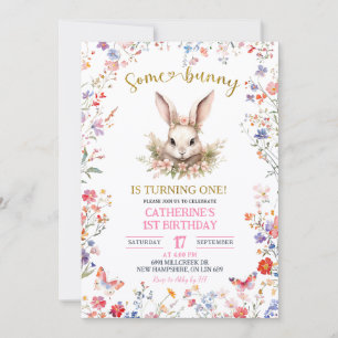 Pink Wildflower Bunny Birthday Invitation