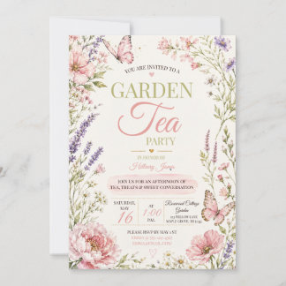 Pink Wildflower Butterfly Garden Tea Party Invitation