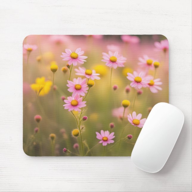 Pink Wildflower Daisy Field Mouse Pad (With Mouse)