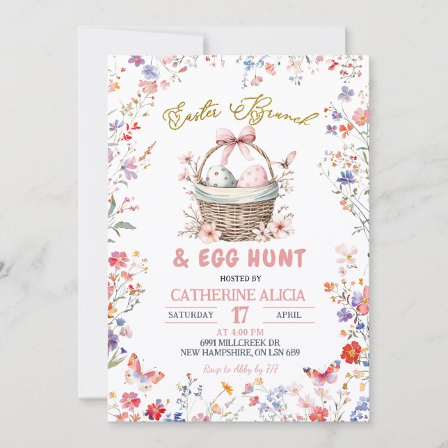 Pink Wildflower Easter Egg Hunt and Brunch Invitation (Front)