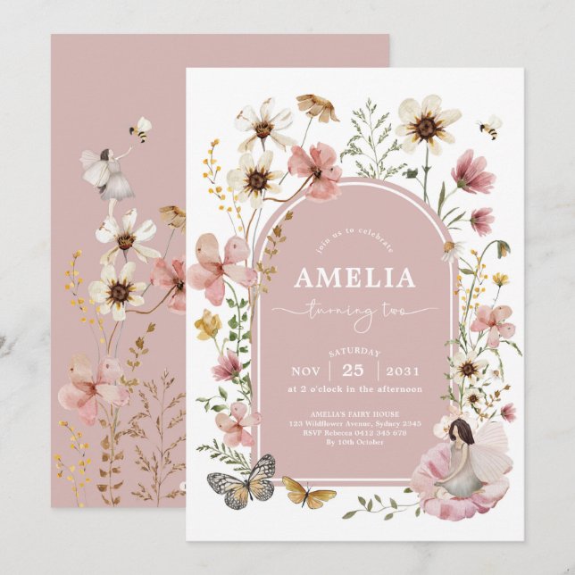 Pink Wildflower Fairy 2nd Birthday Garden Party Invitation (Front/Back)