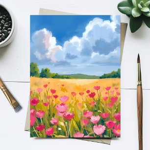 Pink Wildflower Field Floral Watercolor Painting Postcard