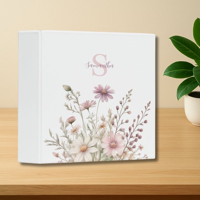 Pink Wildflower Floral Meadow Monogram Binder (Creator Uploaded)