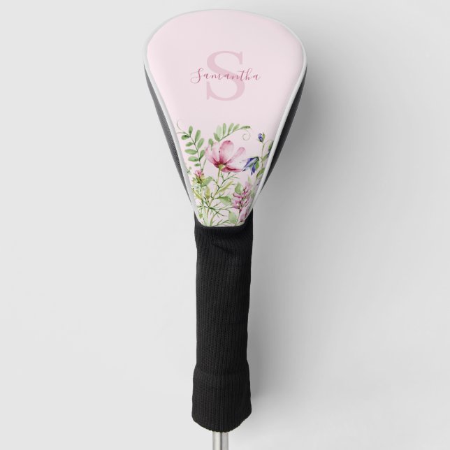 Pink Wildflower Floral Meadow Monogram  Golf Head Cover (Front)