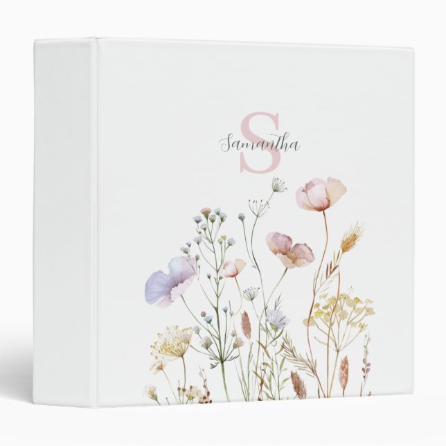 Pink Wildflower Floral Monogram  Binder (Front/Spine)