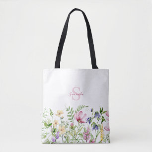 Pink Wildflower Floral Monogram  Tote Bag