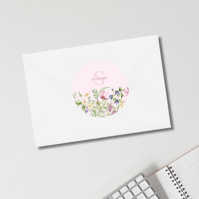 Pink Wildflower Floral Personalized  Classic Round Sticker (Creator Uploaded)
