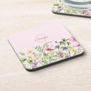 Pink Wildflower Floral Personalized Coaster