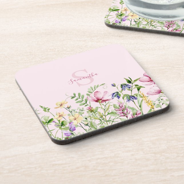 Pink Wildflower Floral Personalized  Coaster (Left Side)