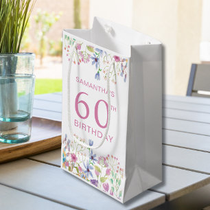 Pink Wildflower Floral Watercolor 60th Birthday Small Gift Bag