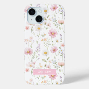 Pink Wildflower Garden Monogrammed iPhone 15 Case