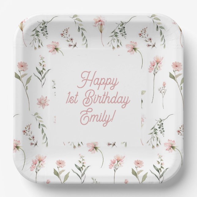 Pink Wildflower little miss onederland 1st birthda Paper Plate (Front)