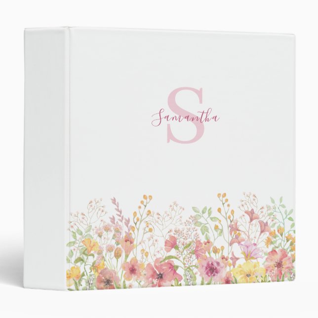 Pink Wildflower Meadow Monogram  3 Ring Binder (Front/Spine)
