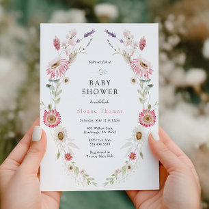 Pink Wildflower Meadow Wreath Baby Shower Invitation