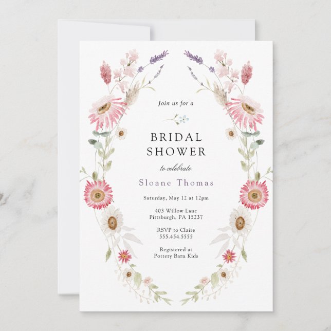 Pink Wildflower Meadow Wreath Bridal Shower Invitation (Front)