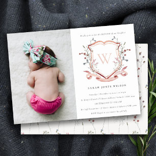 Pink Wildflower Monogram Crest Photo Baptism Invitation