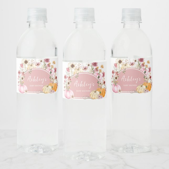 Pink Wildflower Pumpkin Baby Shower Water Bottle Label (Bottles)