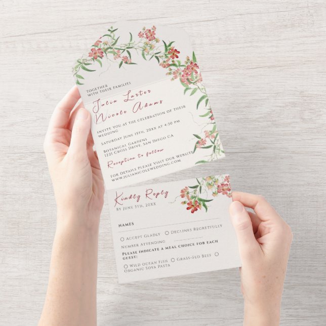 Pink Wildflower Rose Spring Garland Wedding All In One Invitation (Tearaway)